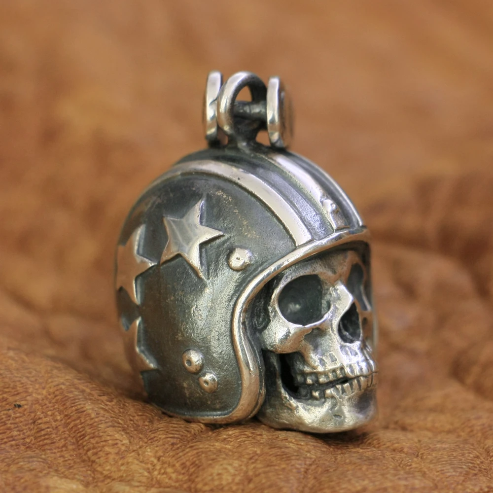 925 Sterling Silver Motorcycle Helmet Skull Pendant Punk Jewelry TA19 BZ