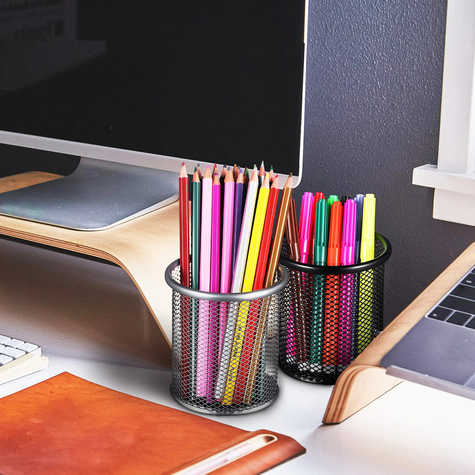 

2Pcs Desktop Metal Pen Organizer Mesh Cup for Desk Stationery Storage with Design Brush Holder Bucket