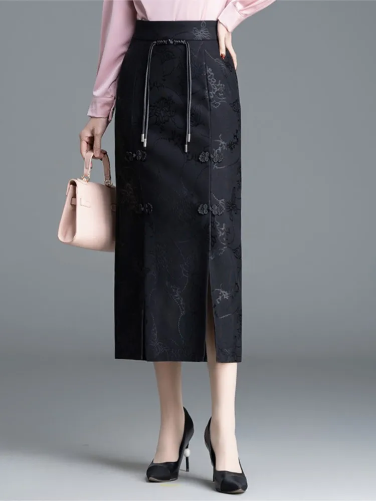 

Women Chinese Style Skirt Fashion Vintage Skirt Spring Autumn 2024 Elastic Waist New Slim Fit Split One Step Skirt