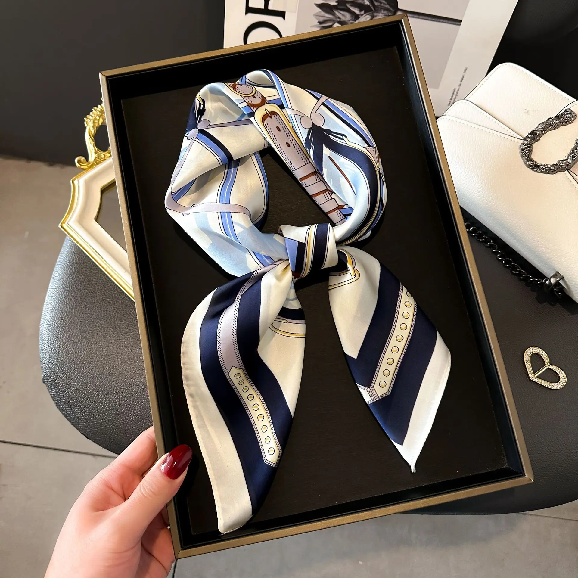 Luxury Print Chain Neck Tie Shawl 2025 Silk Square Scarf Women Wraps Female 70cm Hair Hand Wrist Headkercheif Hijab Bandana image 5