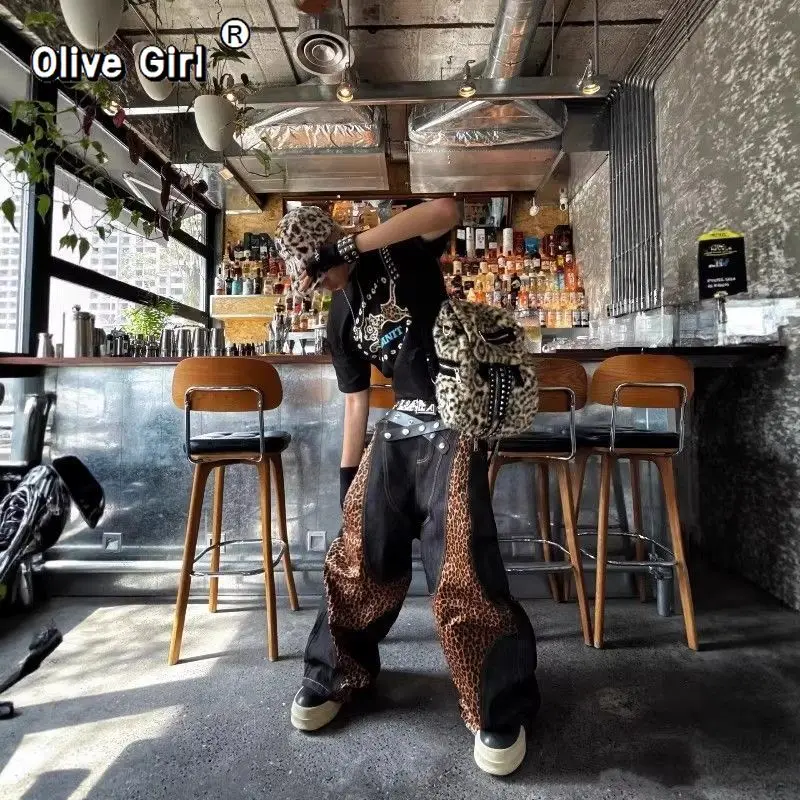 بنطلون جينز فضفاض للفتيات الزيتونية بنطلون جينز أمريكي غير رسمي فضفاض بطبعة الفهد من قماش الدنيم Harajuku ملابس الشارع الشهير للرجال والنساء #4