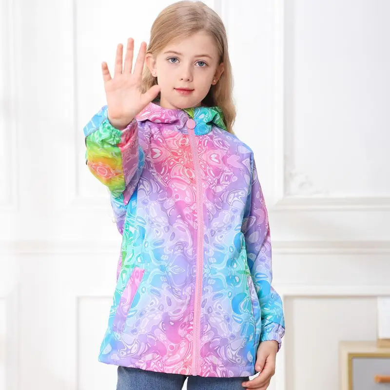 

Girls Gradient Prints Waterproof Hooded Zip Fleece Lined Hiking Jackets School Kids Track Coats Child Work Windbreaker 3-12Years