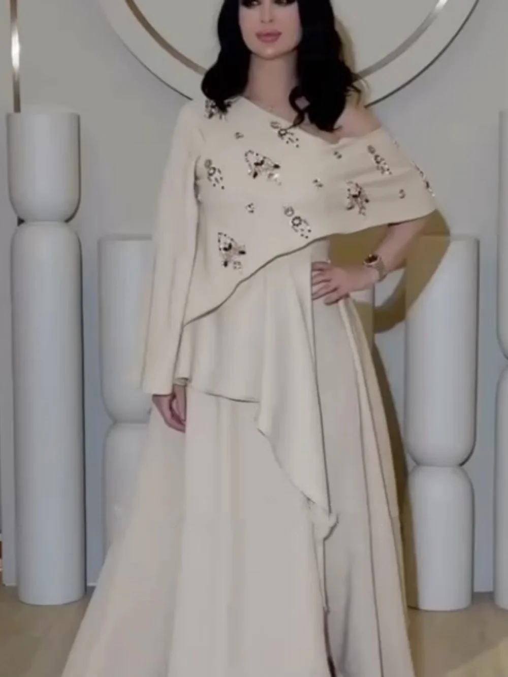 Robe de Soirée Mi-Longue Plissée en Jersey Classique, Ligne A, Asymétrique Épaule Dénudée, Exquise, Moderne, Pastrol, Unisexe, Style Chinois Formel