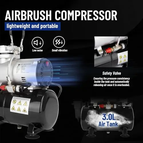 Portable Oil-Free Single-Piston Airbrush Compressor 3L Tank With Safety Valve, Pressure Regulator And Moisture Separator For