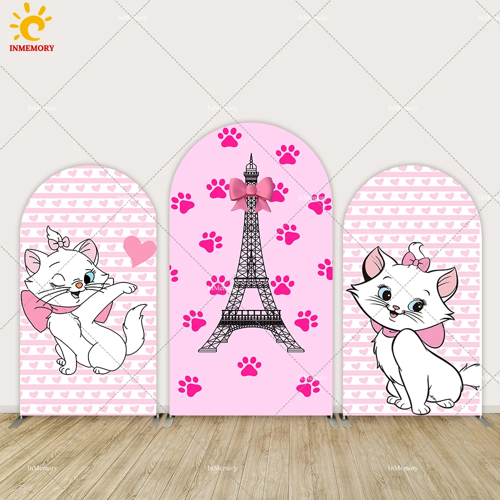 

Pink Girl Birthday Decoration Marie Cat Arch Backdrop Cover Baby Shower Paris Tower Kids Newborn Photography Background