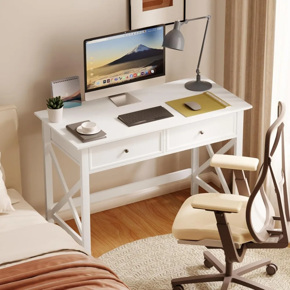 

White Computer Desk with 2 Drawers, Modern Makeup Vanity Desk with Storage, Writing Desk for Home Office, 42'' Long Study Simple