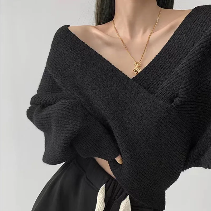 Women's Clothing 2022 Latest Fashion Knitted Sweater for Women Long Sleeve Pullover V-Neck Spliced Thick Sweater Female Solid