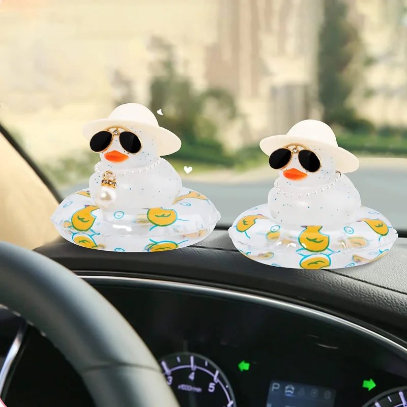 Car Rubber Duck Decorations Ornament for Car Dashboard Cute Transparent Duck with Swim Ring Lady Hat Car Dashboard Accessories