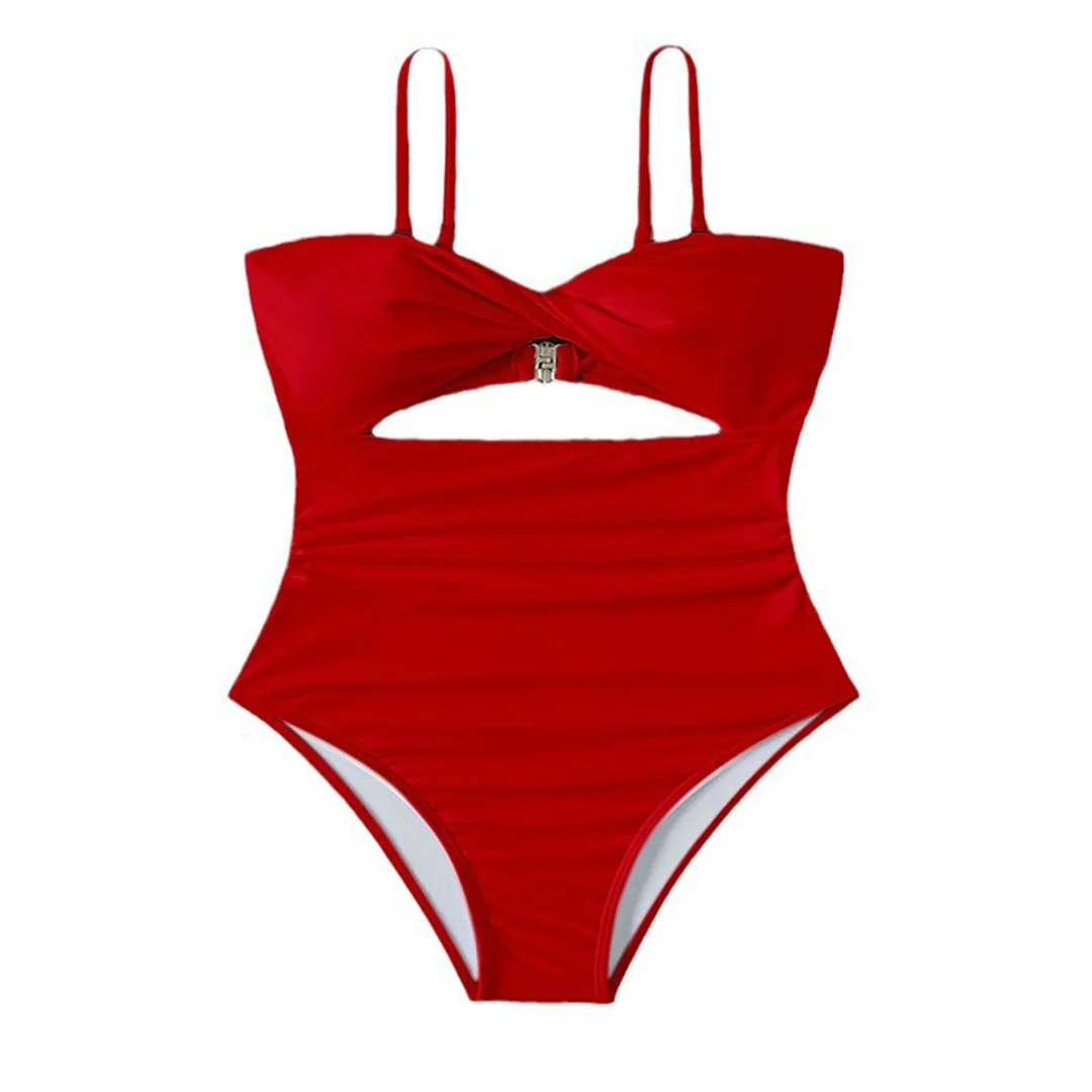 Bañador hueco de una pieza para mujer, traje de baño de realce, color sólido, bikini de playa