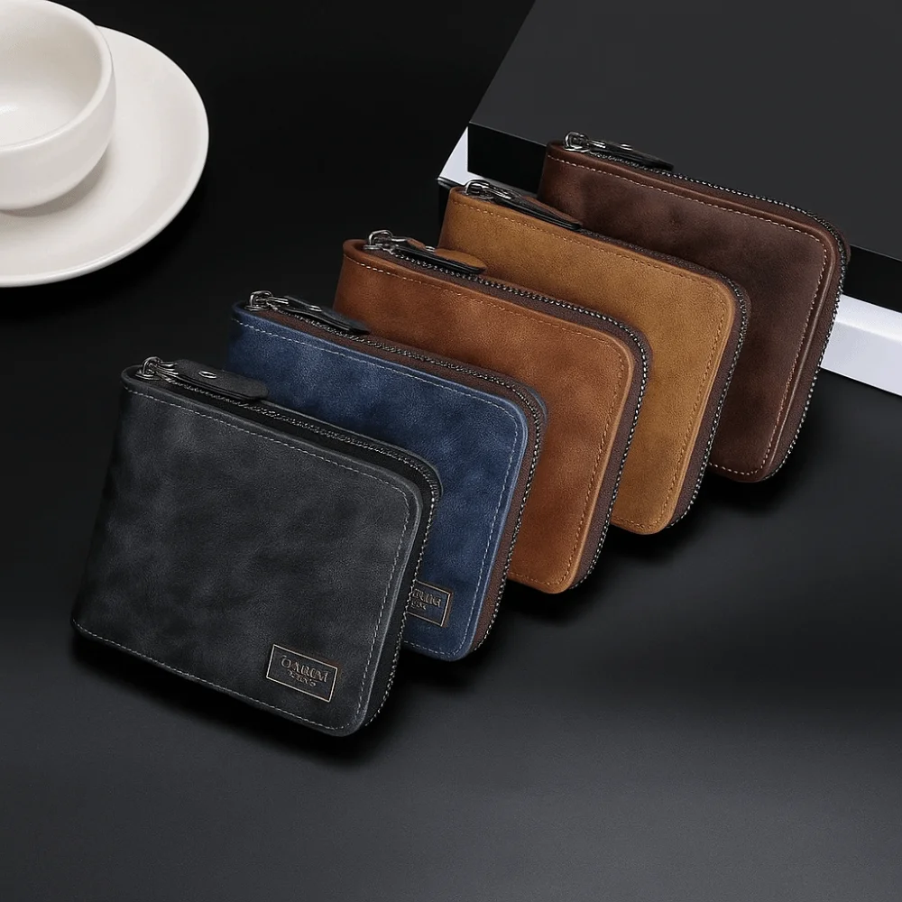 محفظة رجالية قصيرة كاجوال متعددة المواضع بسحاب رفيع من جلد البولي يوريثان محفظة للعملات المعدنية بسعة كبيرة وحامل بطاقات متعدد الوظائف يوميًا