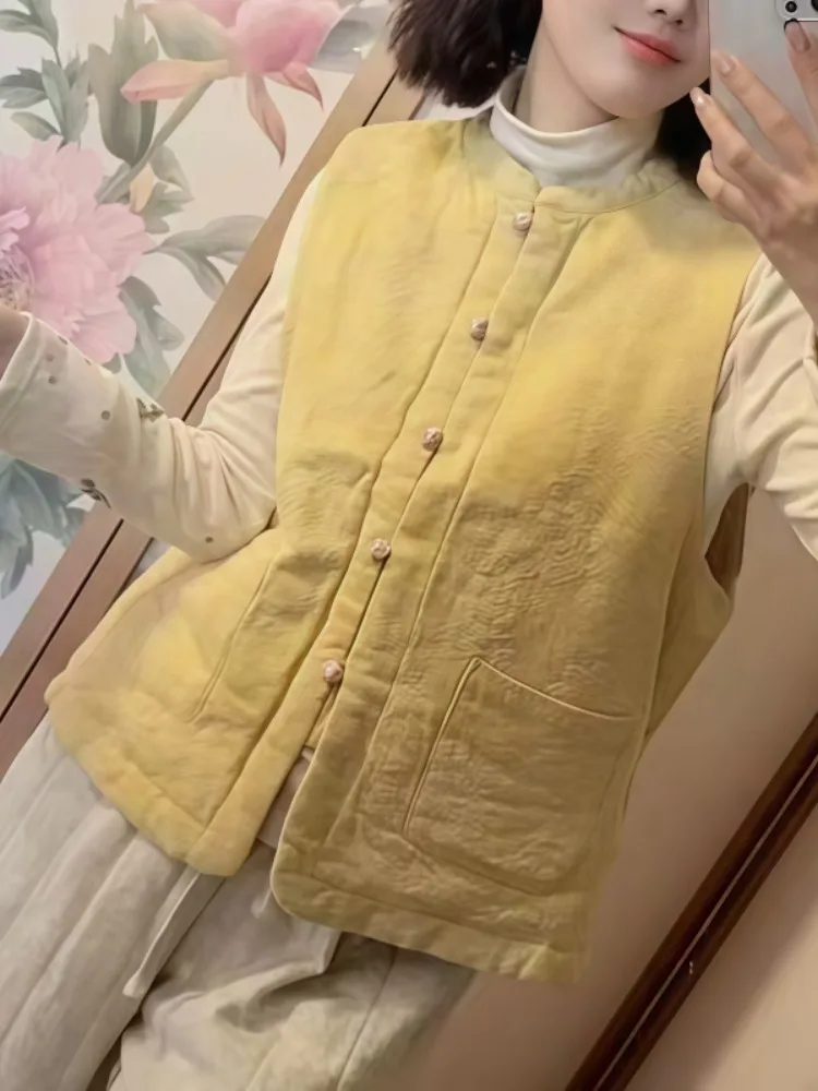 Gilet chinois en coton et lin pour femmes, vêtements d'extérieur d'hiver, débardeur superposé, coussin d'épaule en coton fin, irt pour les déplacements
