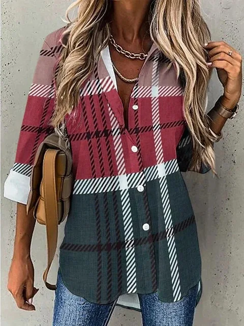 Medium To Long Button Up Lapel Women's Shirt With Striped Color Blocking And Contrasting Long Sleeved 3d Digital ShirtWG18