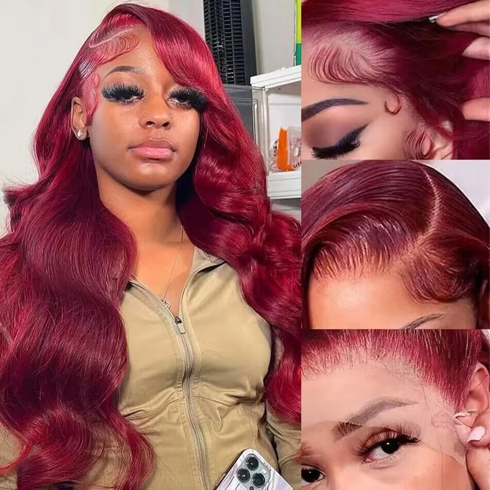 99j burgundy 13x6 Lace Front Human Hair 200 Density Body Wave 13x4 30 36 Inch Red Colored Lace Frontal Wigs Brazilian For Women