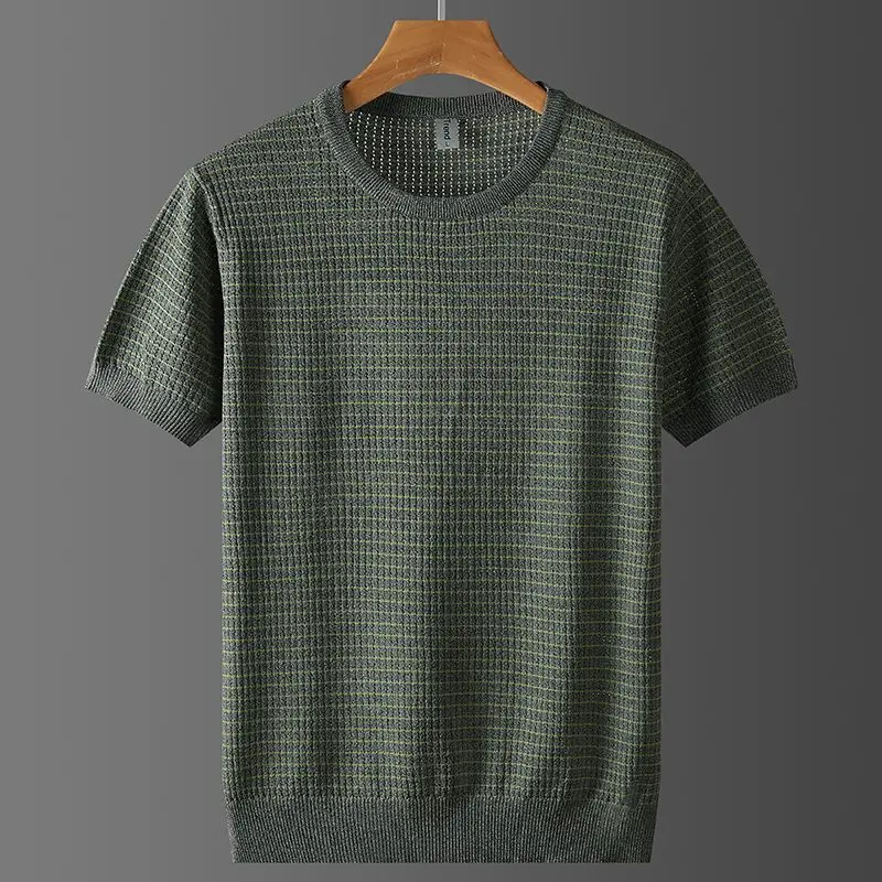 

2024 New Summer Men Fashion Knitted Ice Silk T-shirts Male Solid Color Thin Loose T-Shirt Mens Short Sleeve O-neck Tee Tops D129