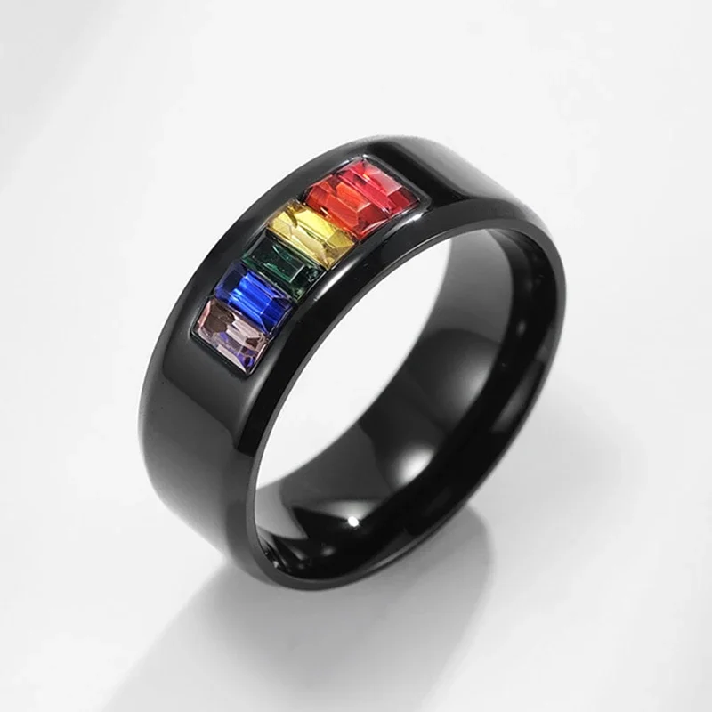 New Fashion Female Gorgeous Rainbow Color Crystal Ring Male Summer Colorful Jewelry Titanium Ring for Women and Men