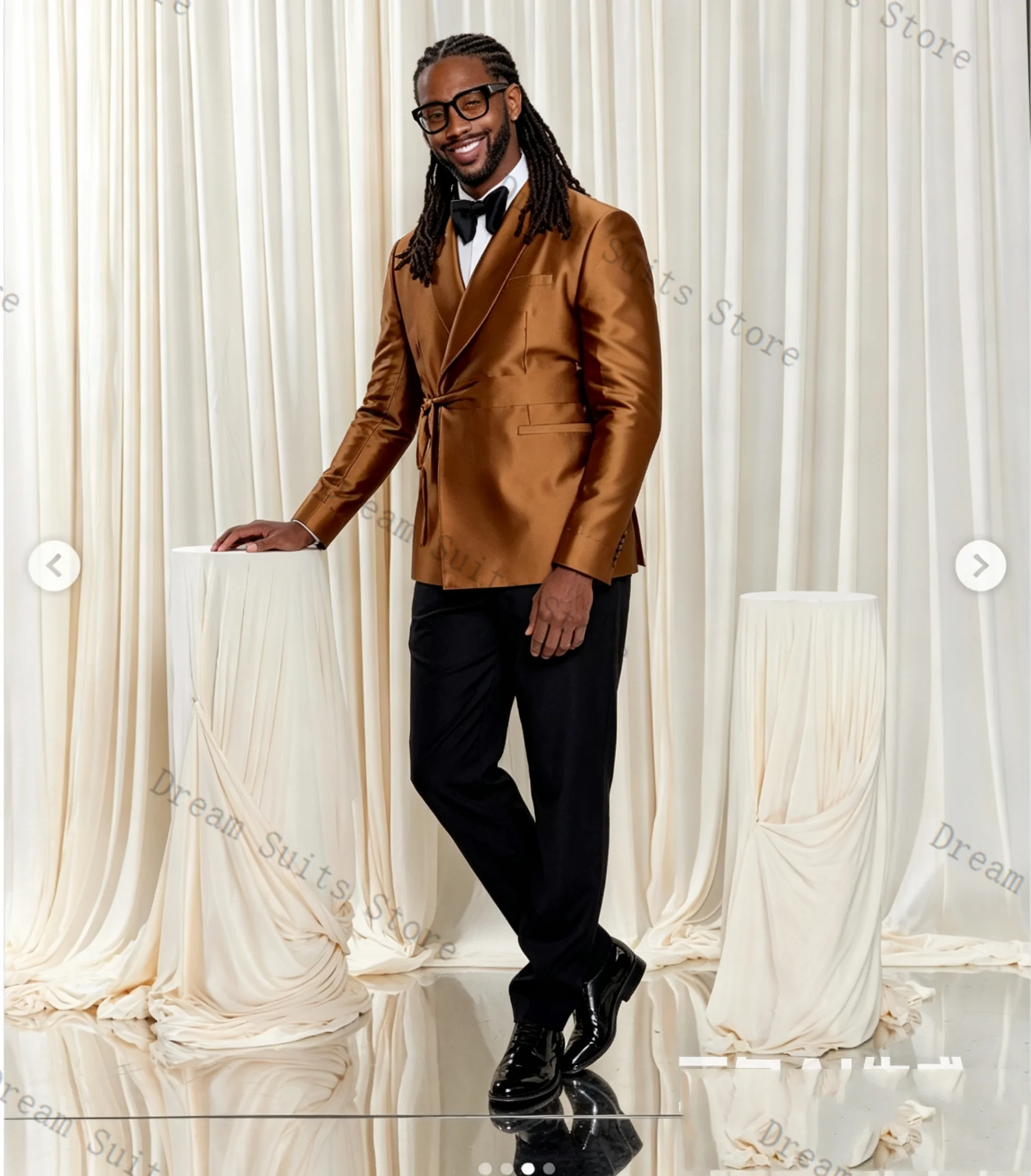 Designer Brown Men Suit Set 2 Pcs Satin Blazer+Cotton Pants Trousers Customized Formal Office Jacket Wedding Tuxedos Prom Coat