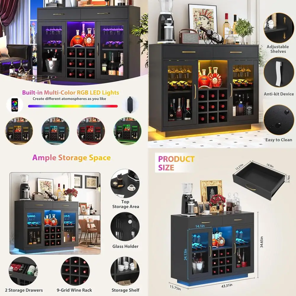 

Винный барный шкаф со светодиодной подсветкой, барный шкаф для кофе с полками для вина и стаканов, черный барный шкаф для напитков, кухонный буфет.