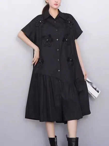 Sommer Neue frauen Lose Große Größe Perle Floral Patchwork Casual ort Sve irt Dr Pendeln Sle A-Line Midi Rock