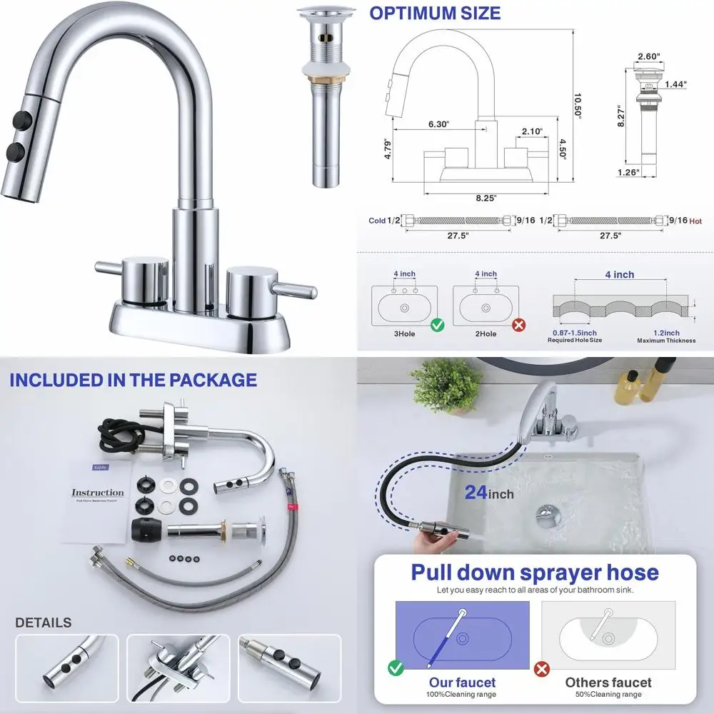 

Хромированный смеситель с 3 отверстиями и выдвижным распылителем для раковины для стирки диаметром 4 дюйма