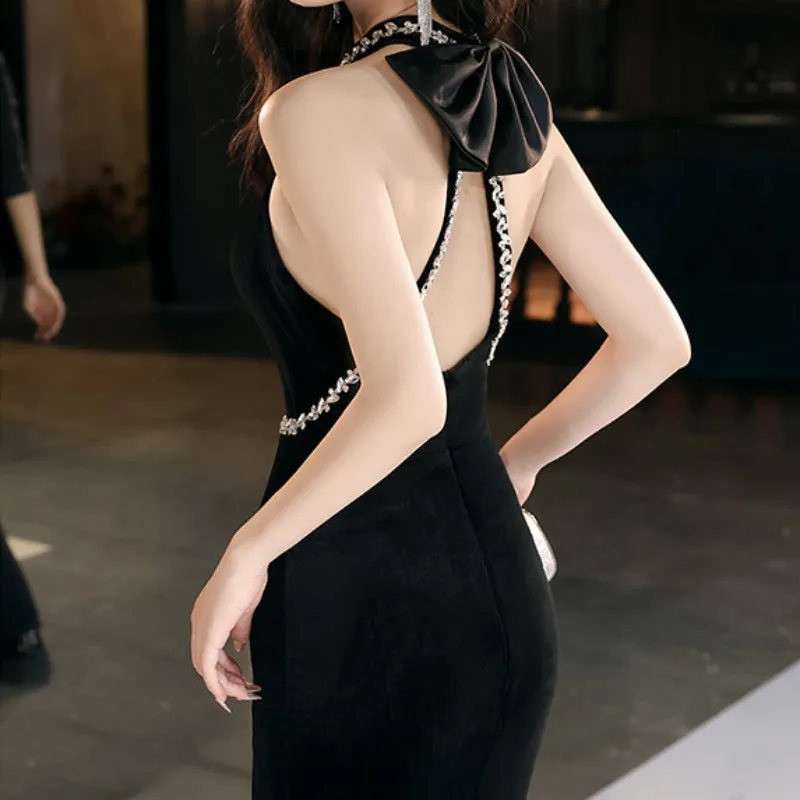 CustomizedBlack Sexy Rhinestone Velvet Party Dress Women 2024 New Fashion Halter Bow Backless Slim Waist Bodycon Evening Dresses