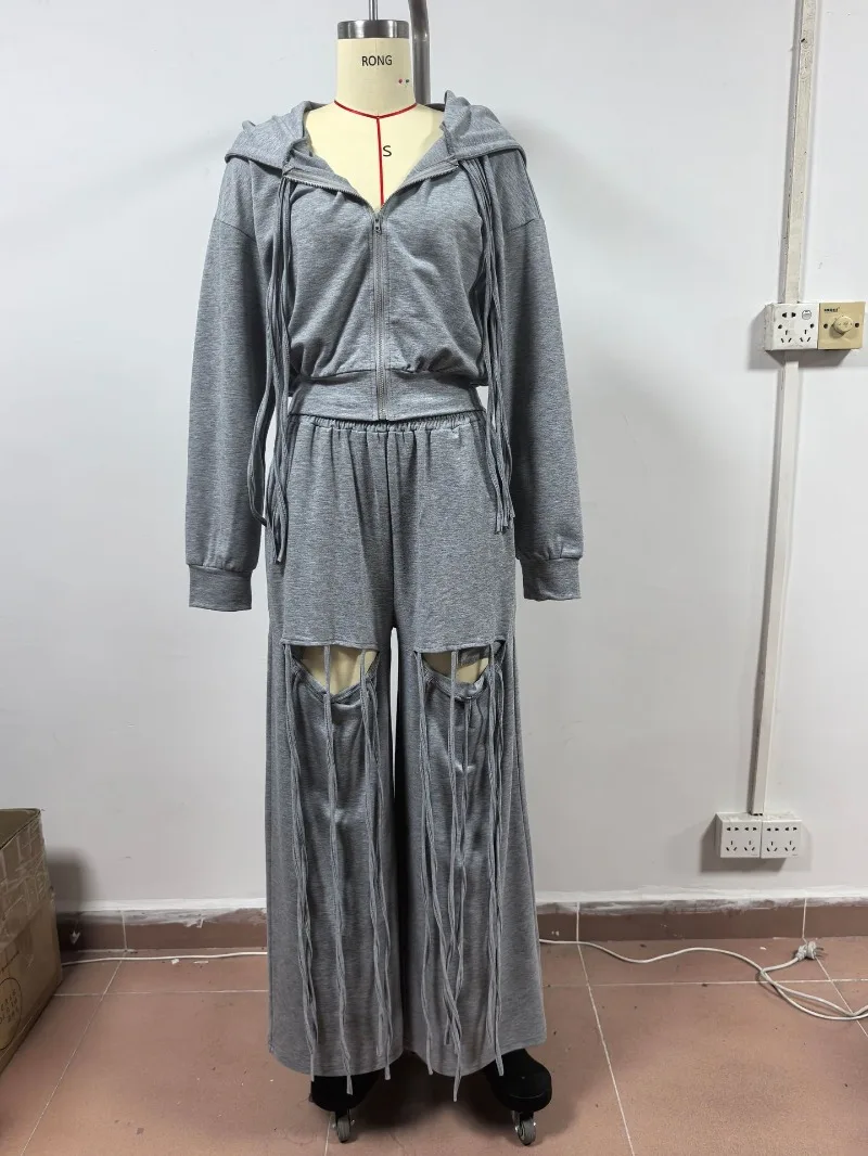 النساء رياضية شرابة طويلة فضفاضة عادية 2 قطعة مجموعة سحاب أكمام طويلة قمصان سويت شيرت بقلنسوة + ثقوب بنطال ذو قصة أرجل واسعة الدعاوى