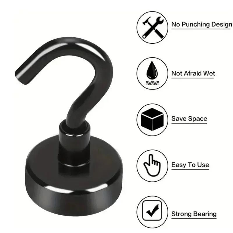 6PcsNeodymium Iron Boron Magnet Black Magnetic Small Hook 16mm Metal Strong Magnet Rotatable No-Drill Open Design Strong Hook image 3