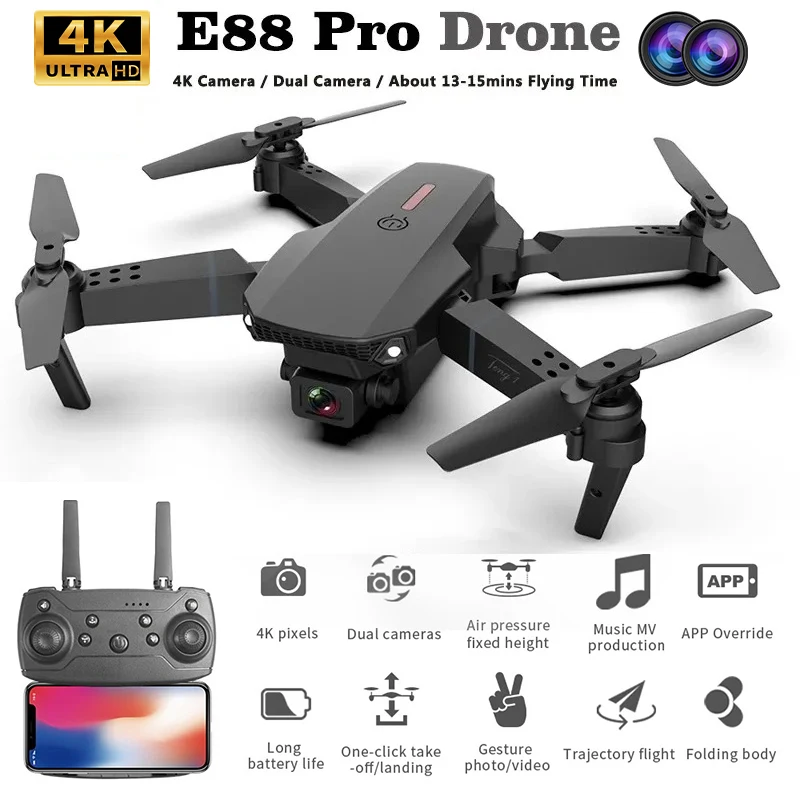 2024 New E88 Pro WIFI FPV Drone Wide Angle HD 4K 1080P Dual-Camera Height Hold RC Foldable Quadcopter Drone Helicopter Toys Gift