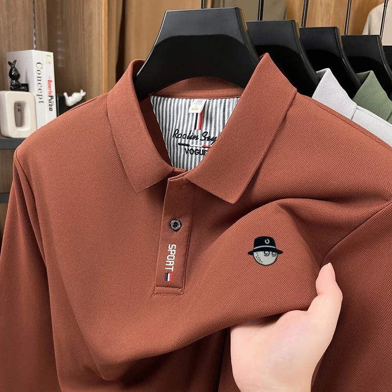 Klassisches Herbst-Trend-Polohemd für Herren mit hochwertigem Revers, einfarbigem Druck, langen Ärmeln, bequem und lässig, Herrenbekleidung – Detail 6