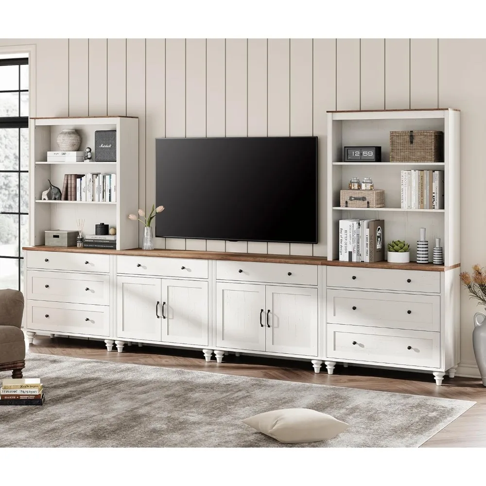 Entertainment Center with Bookshelves for TVs Up To 75", Farmhouse Wall Unit TV Stand with Doors & Drawer, Media Console Table