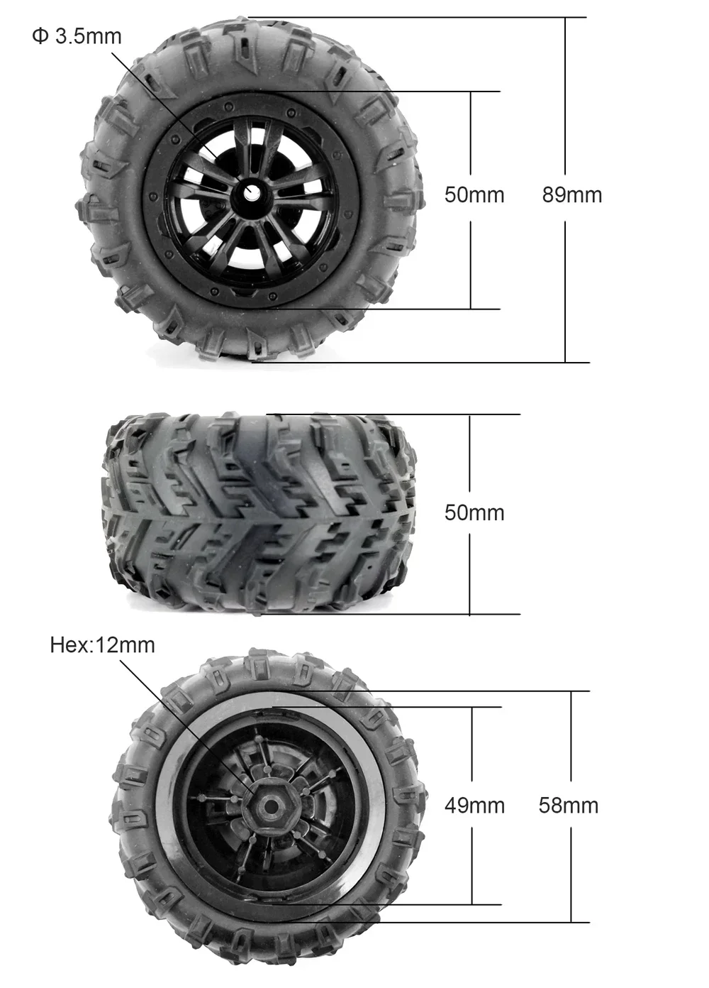 Neumáticos de nieve de goma para RC HBX 16889 WLtoys 124016   / 124017   Camión Truggy con rueda todoterreno hexagonal de metal de 12 mm