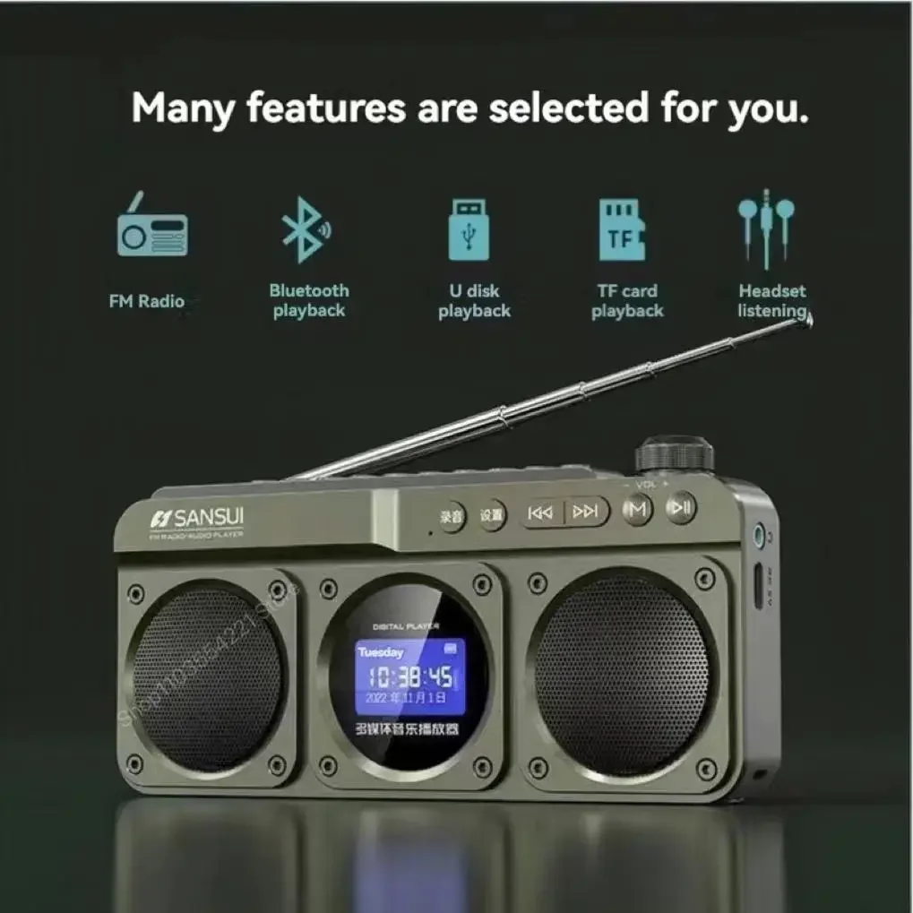 SANSUI F28 Portable FM Radio MP3 Walkman Outdoor Card Wireless Bluetooth Speakers Hi-fi Sound Quality LED Clock Lyrics Display