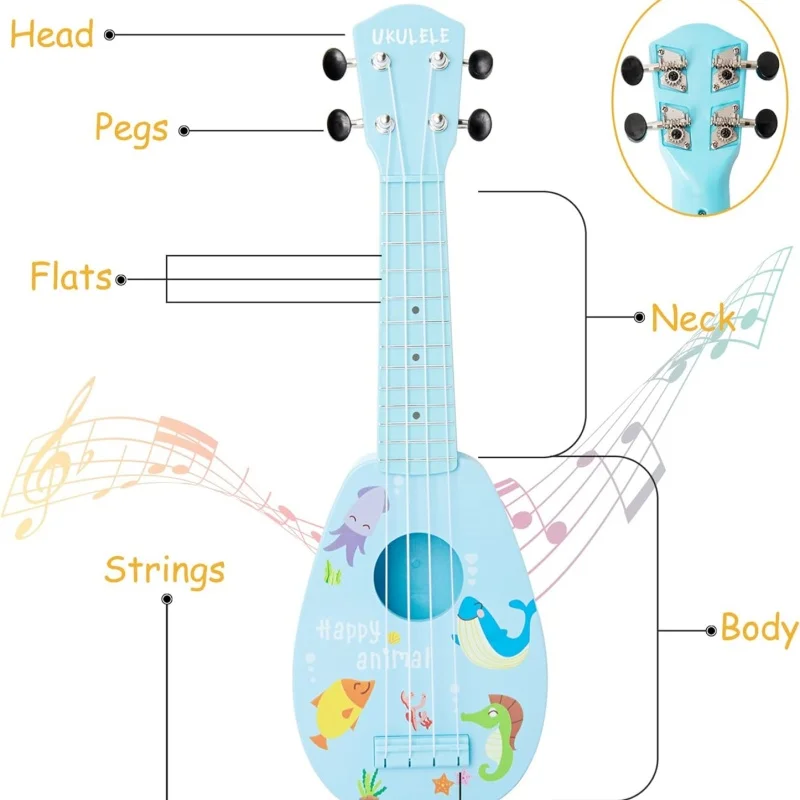 Juguete de guitarra para ukelele para niños pequeños, instrumentos musicales de educación temprana, Mini juguetes de aprendizaje de guitarra de 4 cuerdas, juguetes interactivos para padres e hijos