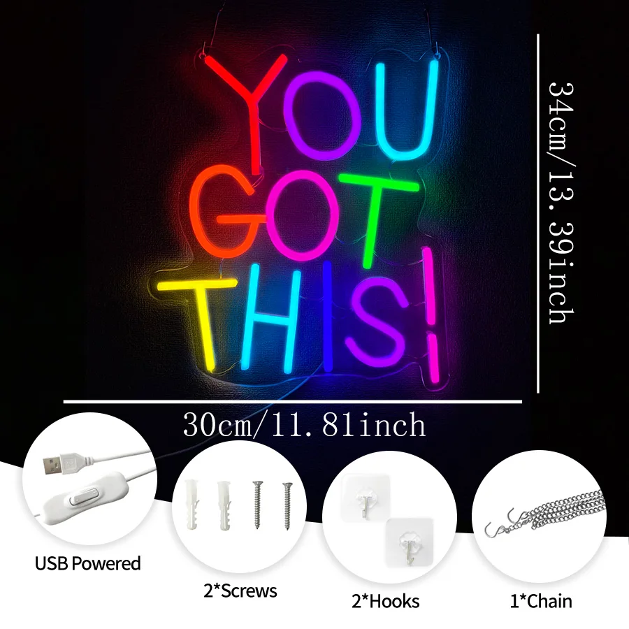 You Got This Neon Sign for Wall Decor, LED Neon Signs for Bedroom Inspirational Letter Neon Light for Office Classroom Bar Party