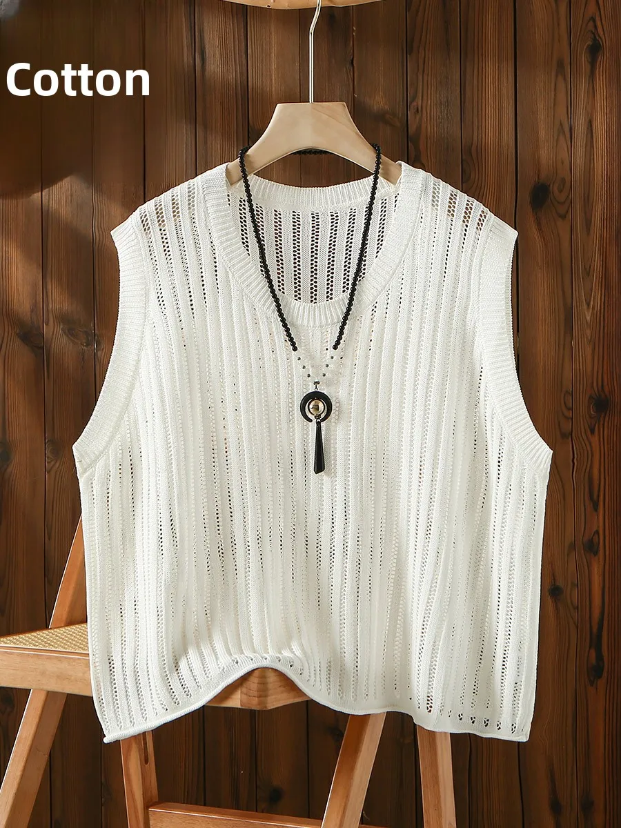 Chaleco de punto calado redondo Ne Bla holgado para mujer, camiseta sin mangas fina ort Sle de verano, chaleco cómodo transpirable para mujer