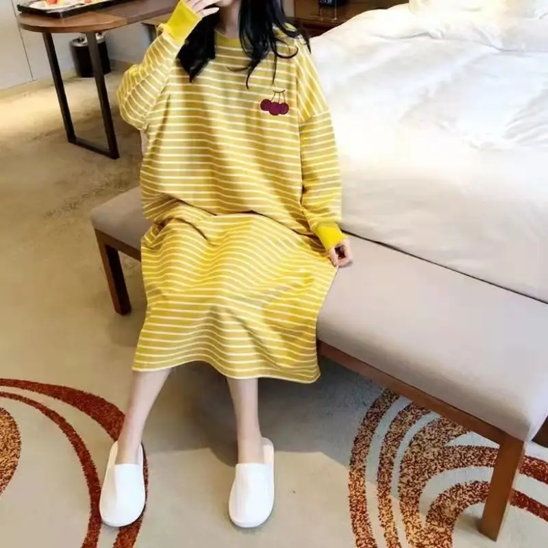 Spring Autumn New Long Sleeve Striped Loose Casual Dresses All-match Simplicity Vintage Midi Dress Fashion Trend Women Clothing