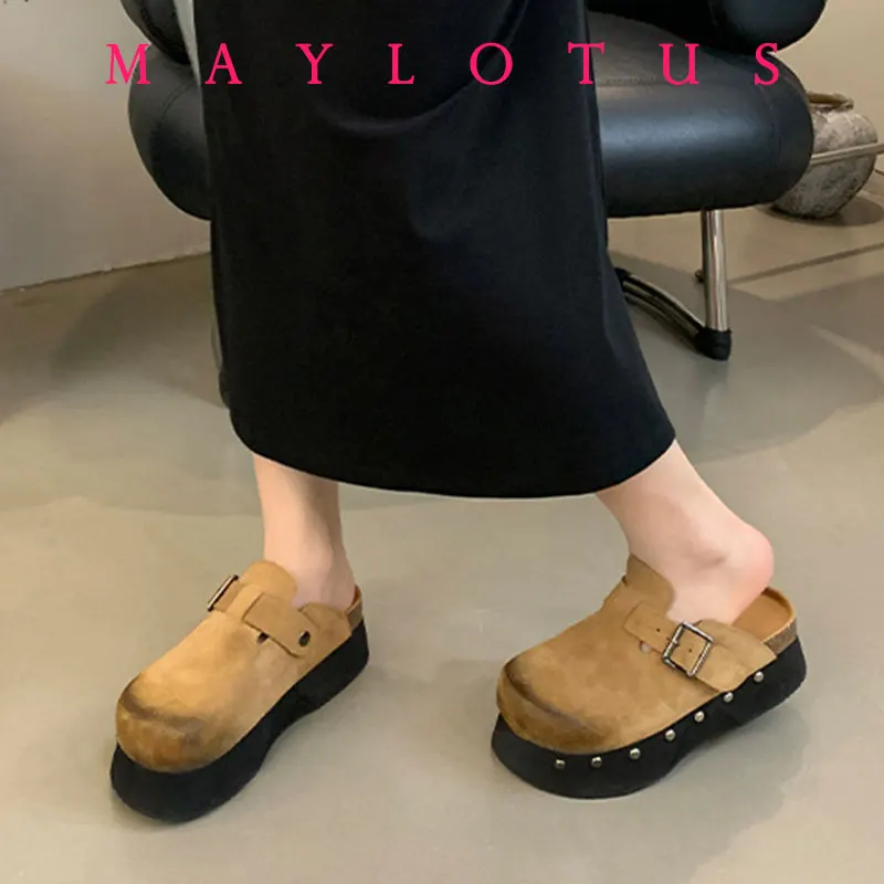 6.5cm Brown Chunky Heels Slippers Women Punk Rivet Platform Sandals Summer Round Toe Black Genuine Leather Casual Shoes