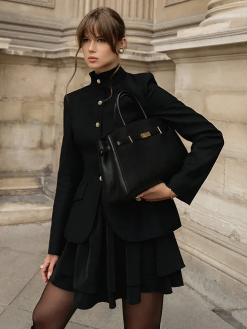 Vintage Skirt 2 Piece Set Elegant Black Blazer Cardigan Top Slim Ruffle Mini Skirt Set Luxury Fashion Women Party Dress Sets