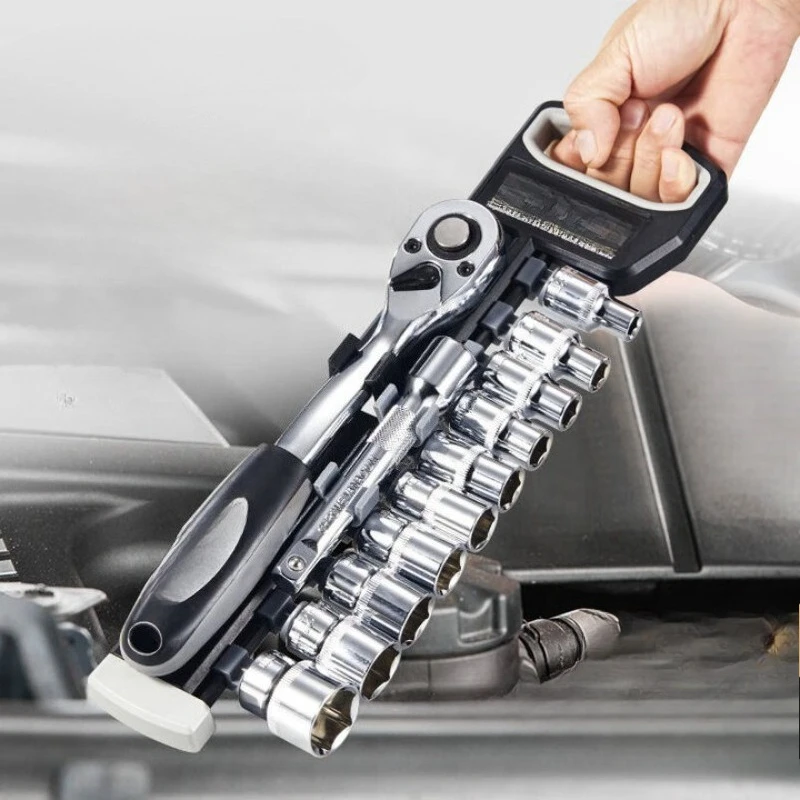 

Industrial grade 1/2 large fly ratchet socket wrench quick wrench auto repair tool set 12 pieces single row plastic rack