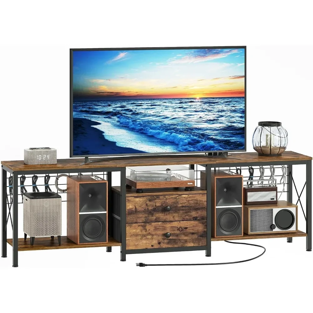 

TV Stand with Power Outlet Up to 75 Inch, Entertainment Center with 2 Fabric Drawers, TV Console Table with Open Storage Shelves