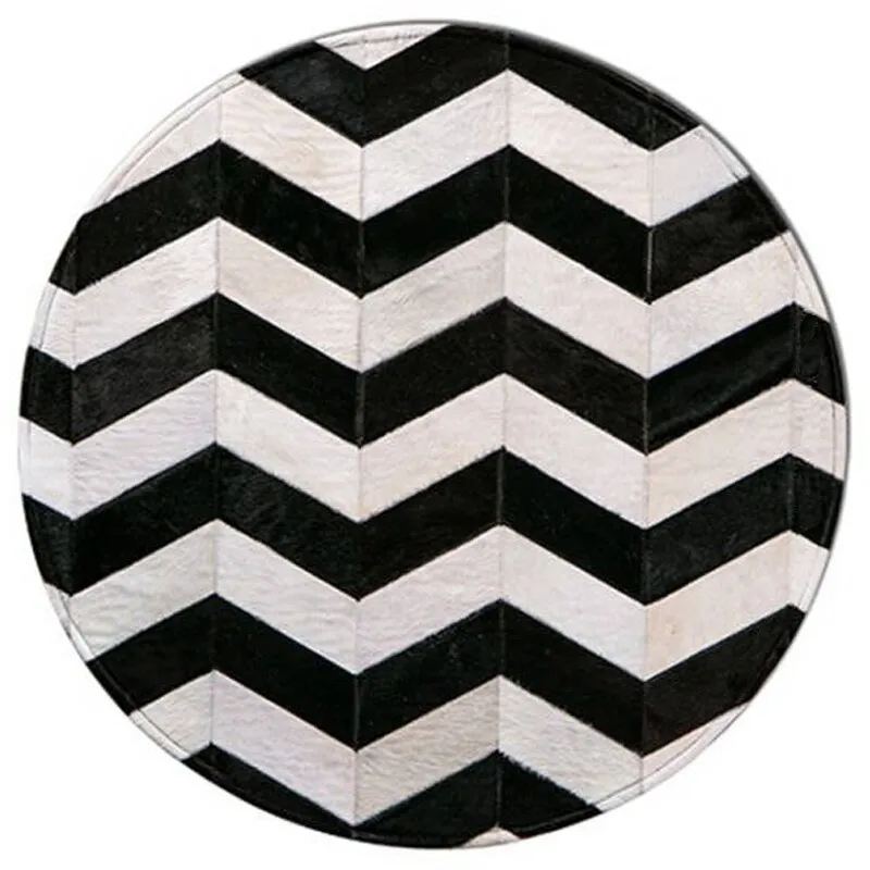 Weave Pattern Black While Round Carpet Modern Simple Real Cow Leather Home Area Floor Rug Study Chair Mat Resistant Living Room