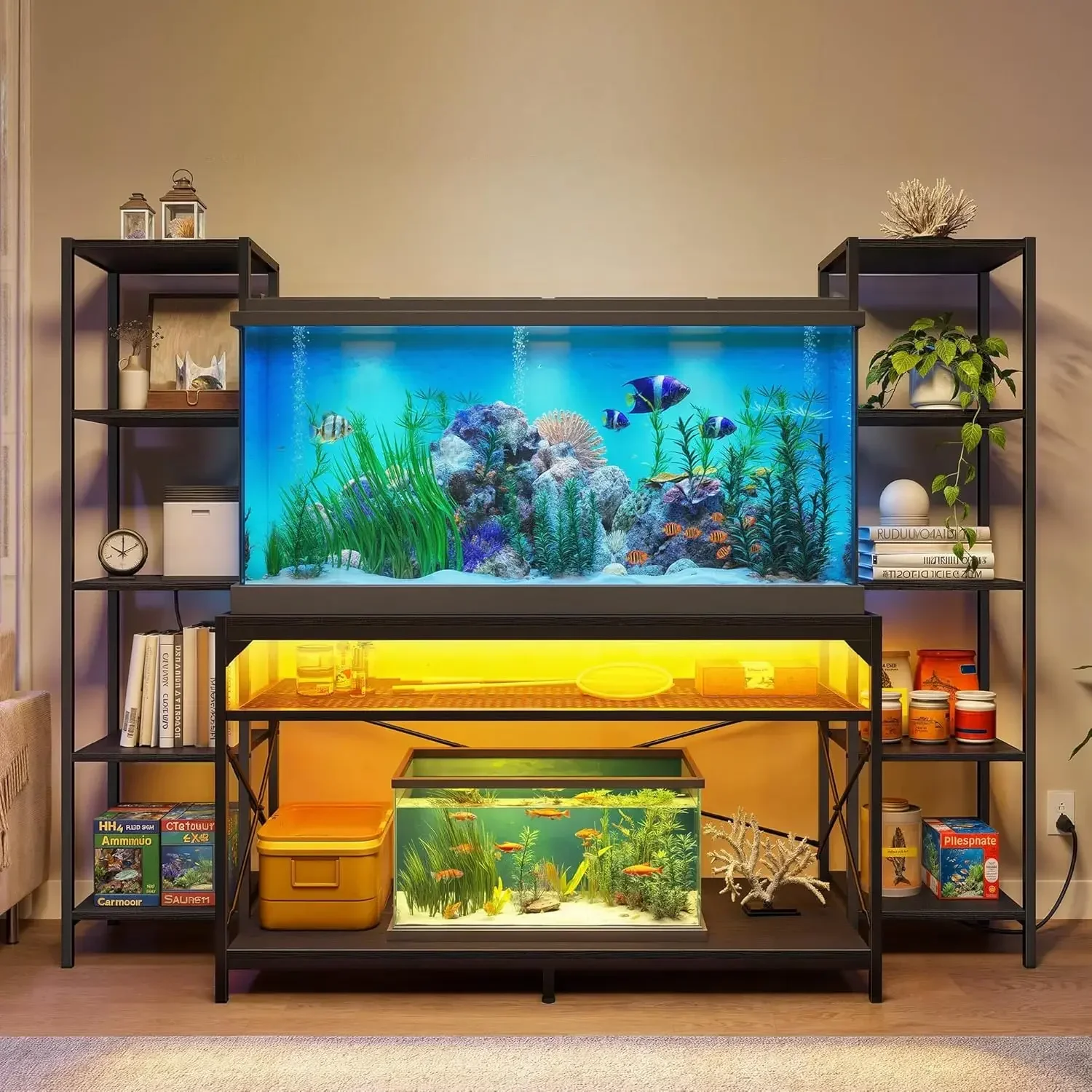 55-75 Gallon Aquarium Stand with Power Outlets & LED Light, Display Stand for Turtle Tank, Reptile Terrarium,  Fish Tank Stand