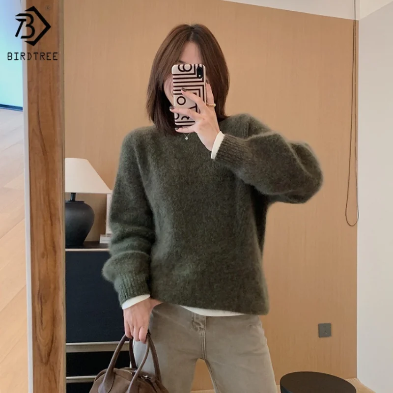 

Birdtree, пушистый вязаный свитер из 100% овечьей шерсти, женский трикотаж из пряжи с круглым вырезом и длинными рукавами, осенний теплый пуловер T59025JF