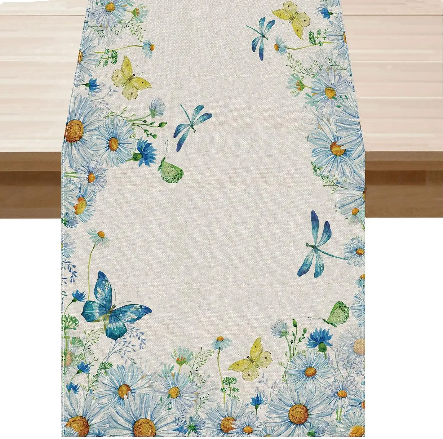 Spring Blue Daisy Butterfly Flowers Linen Table Runners Summer Floral  Farmhouse Kitchen Dining Table Decor Wedding Party Decor