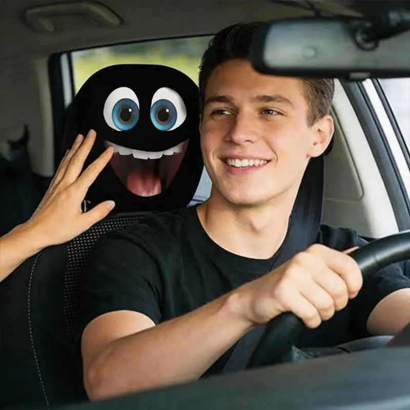 1 PC Cute Big Eyes Grinning Face Car Headrest Cover, Soft High-Elastic 2D Printed Universal Auto Headrest Protector