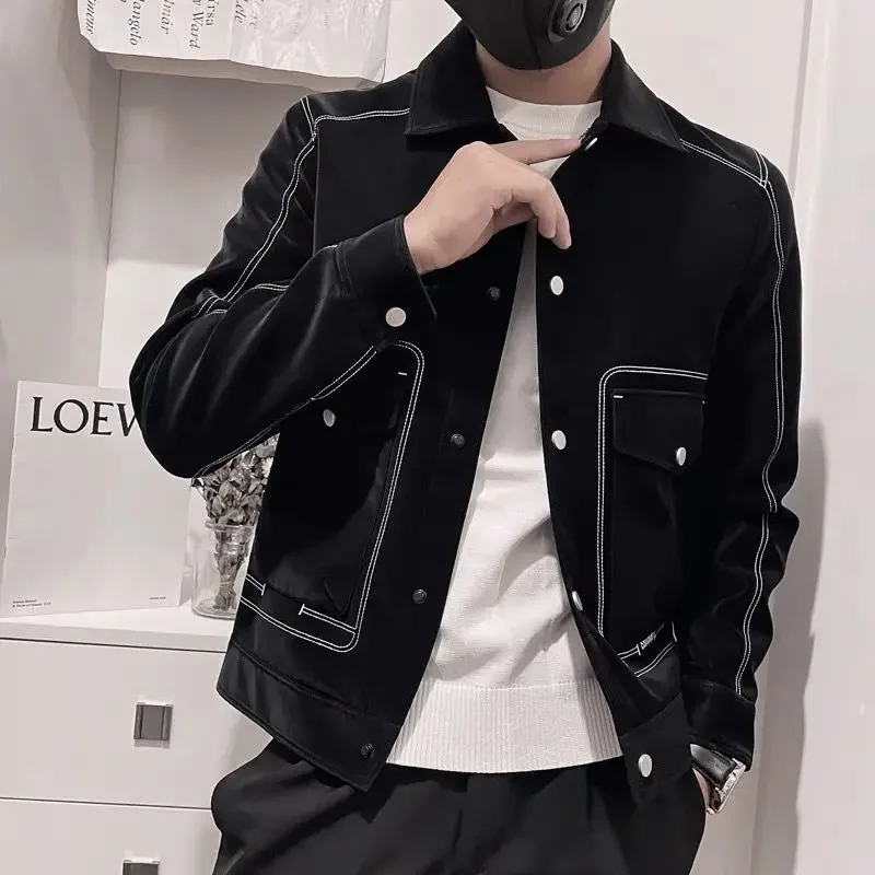 

LIBIELIY Fashion Lapel Button Pockets Spliced Embroidery Coats Mens Clothing 2025 Autumn Winter Loose All-match Tops Casual Jack