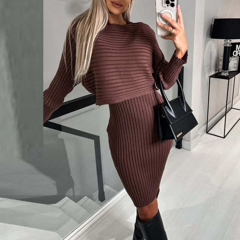 

Women's O-neck Long Sleeved Top and Sling Dress Suit Elegant Temperament Slim Party Outfits Autumn Vintage Knitted Two Piece Set