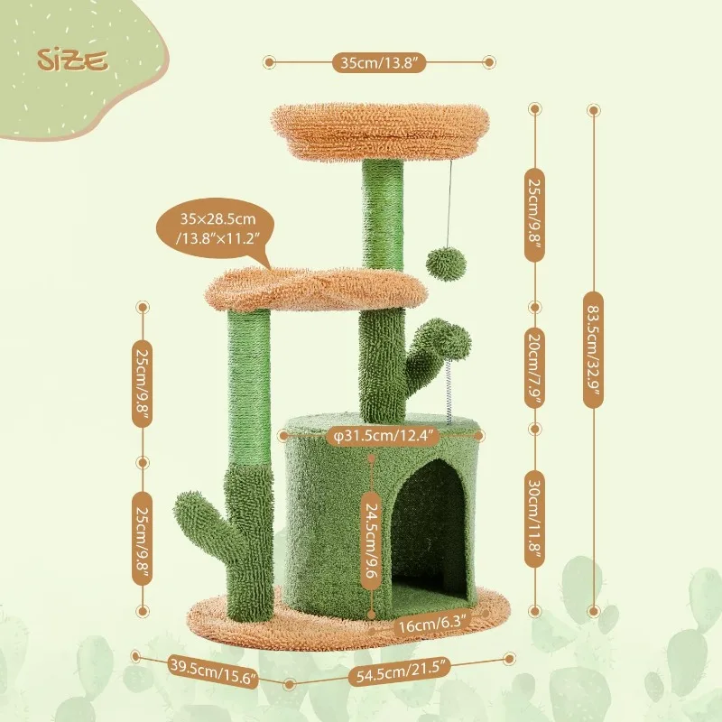 Cactus Cat Tree 32 Inches Small Cat Tower with Sisal Covered Scratching Post, Cozy Condo, Plush Perches and Fluffy Balls