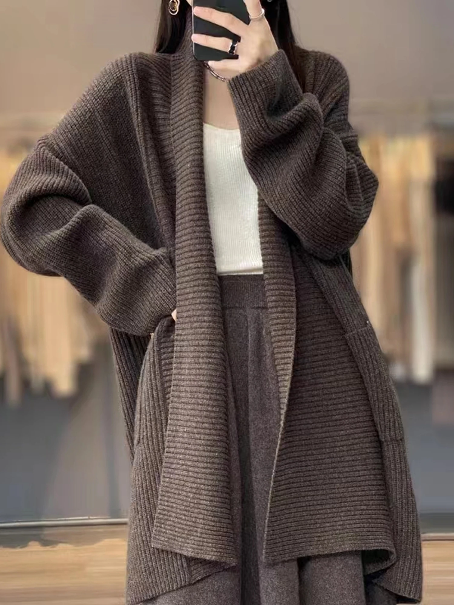 Ladies Thickened Knitted Open Cardigan Casual Loose Style Autumn Winter Warm Versatile Medium Length Sweater Coat for Women
