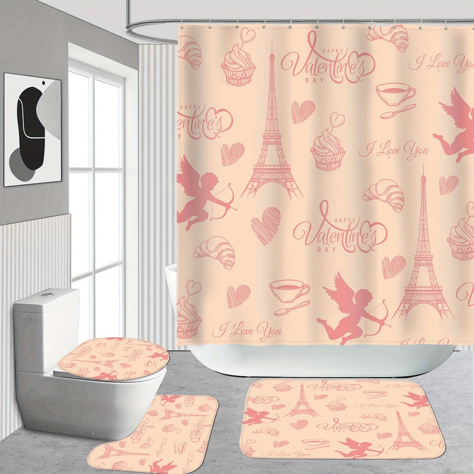 

Romantic French shower curtain four-piece set - waterproof and mildew-proof bathroom curtain + floor mat + toilet mat cover