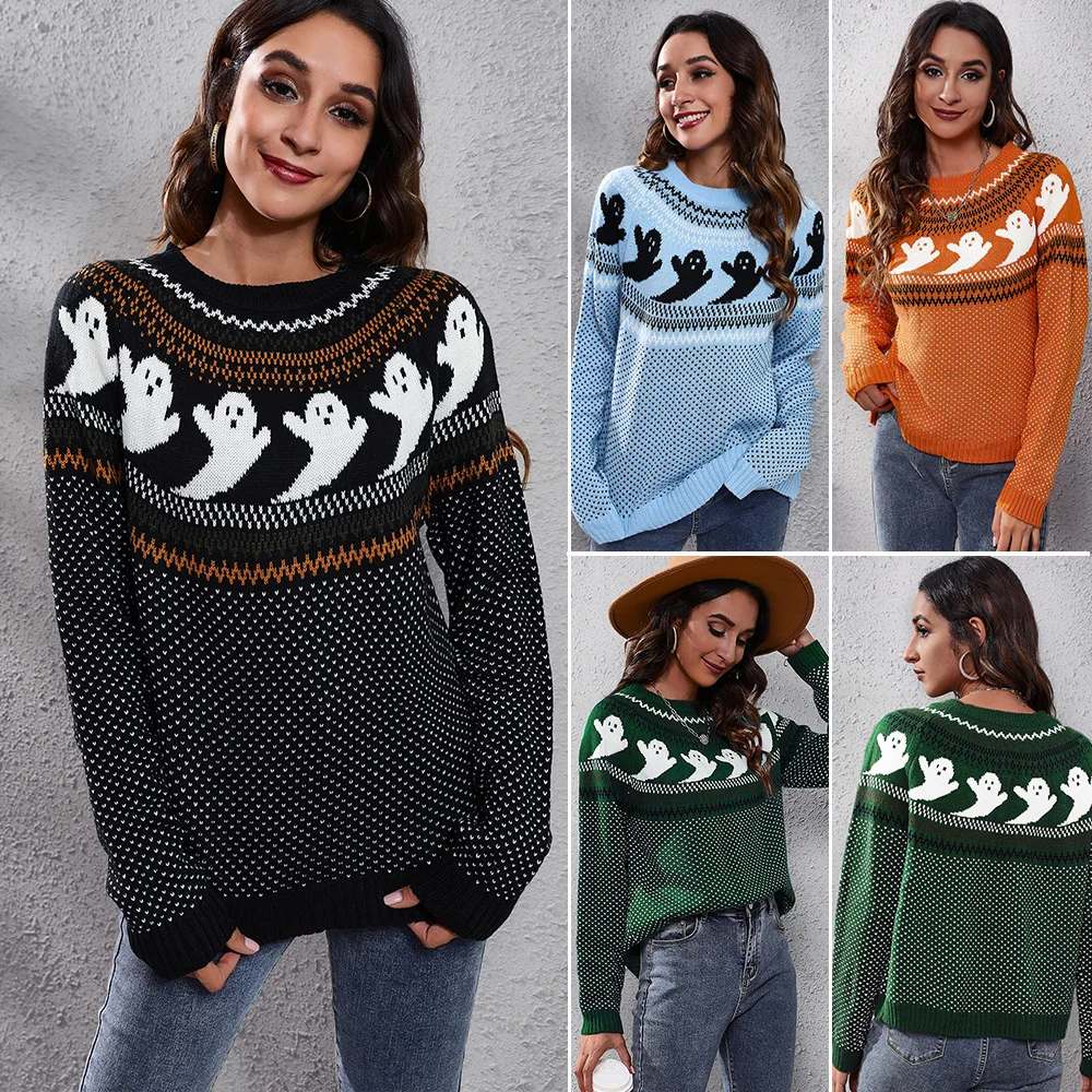 Autumn Winter Women\'s Knitted Sweater Round Neck Pullover Sweater Halloween Ghost Retro Polka Dot Loose Long-sleeved Sweater